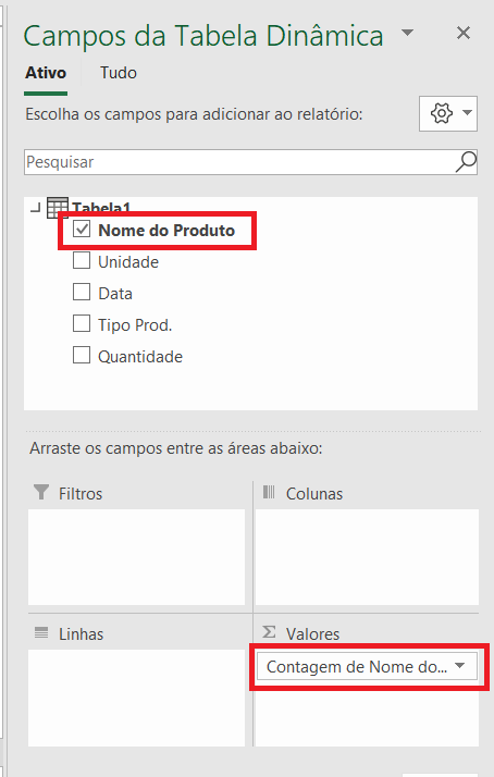 Campos da Tabela Dinâmica no Excel