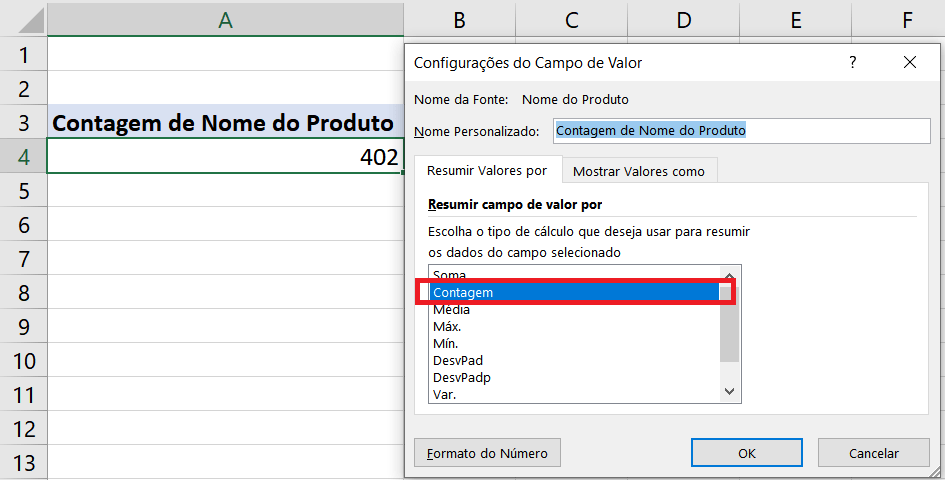 Configurações de Campo de Valor Contagem