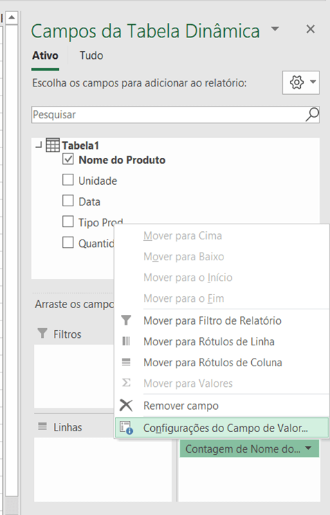 Configurações de Campo de Valor Tabela Dinâmica no Excel