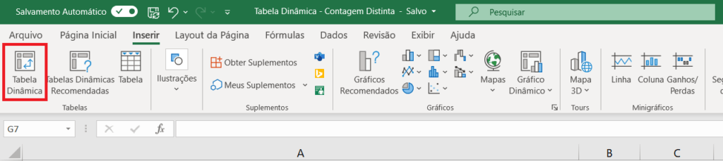 Menu Inserir Tabela Dinâmica Excel