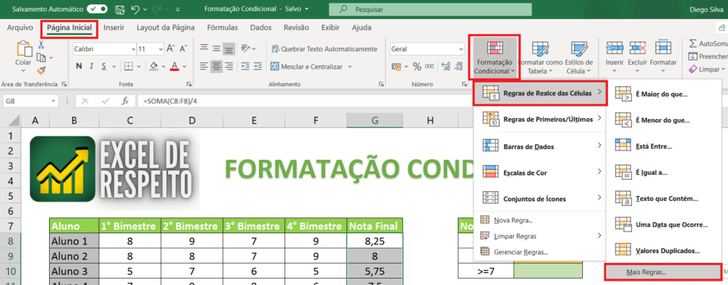 Caminho regras formatação condicional no Excel