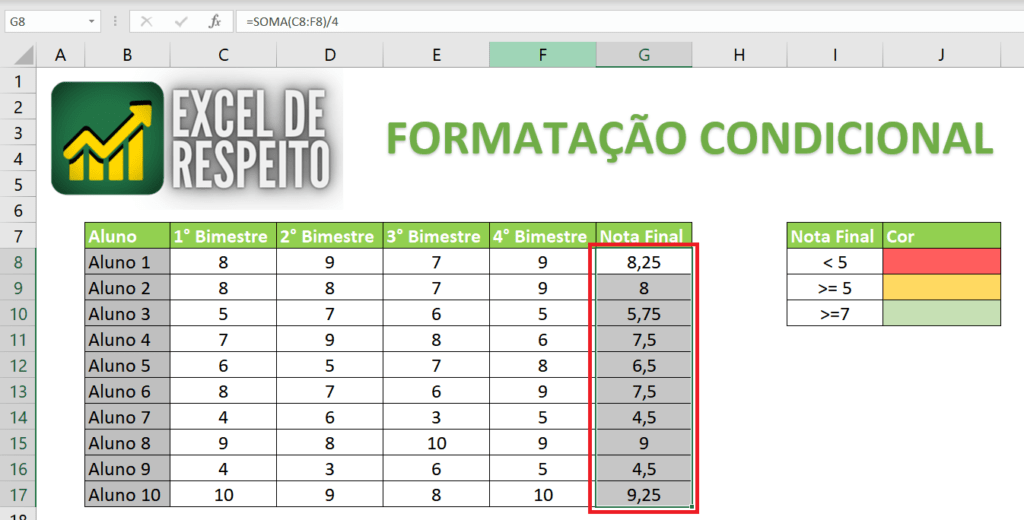 Intervalo seleção formatação condicional no Excel