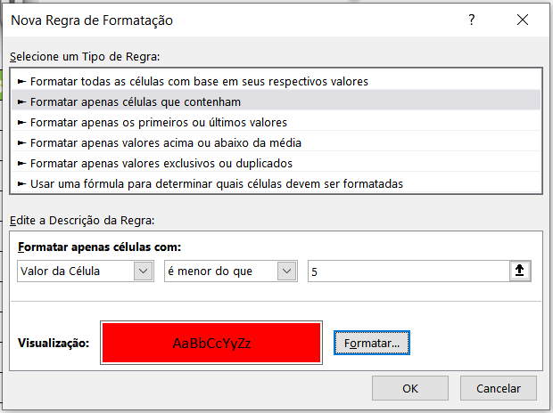 Visualização da formatação Condicional no Excel