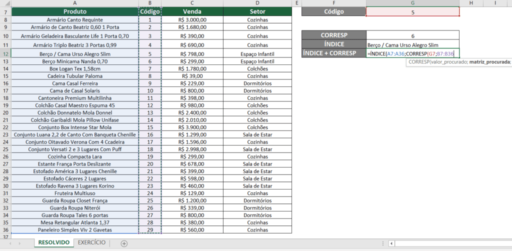 Índice corresp matriz procurarada