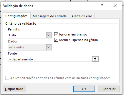 Validação de dados igual a nome intervalo nomeado