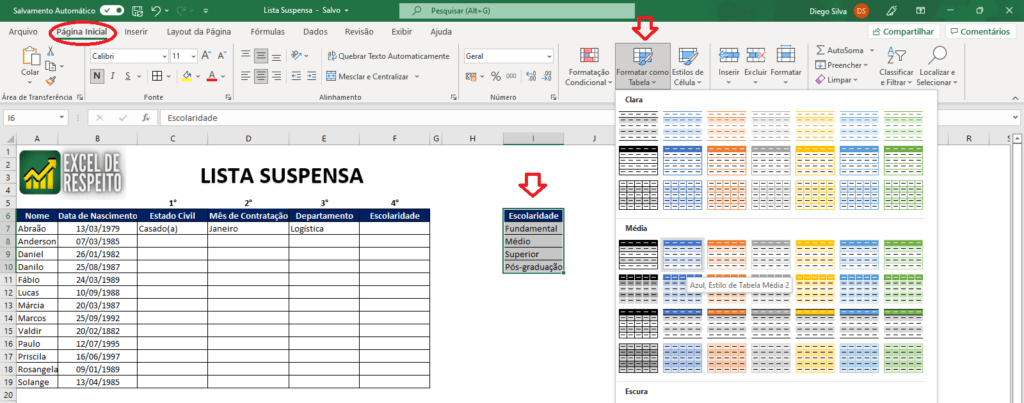 Validação de dados Quarta maneira formatar como tabela