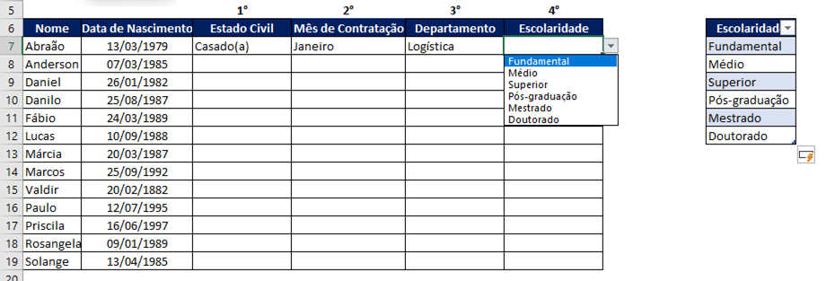 Guia Dados Validação de dados adicionar nome automaticamente