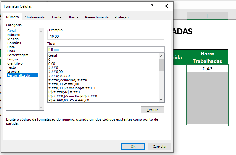 CAIXA DE DIALOGO FORMATAR CÉLUAS FORMATO PERSONALIZADO