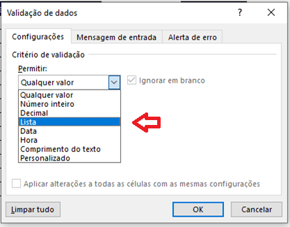 Validação de dados permitir Lista