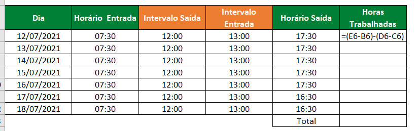 CALCULAR HORAS INTERVALO SAÍDA MENOS INTERVALO ENTRADA