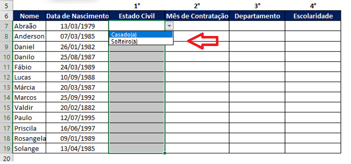 Lista Suspensa Validação de dados primeira forma completa