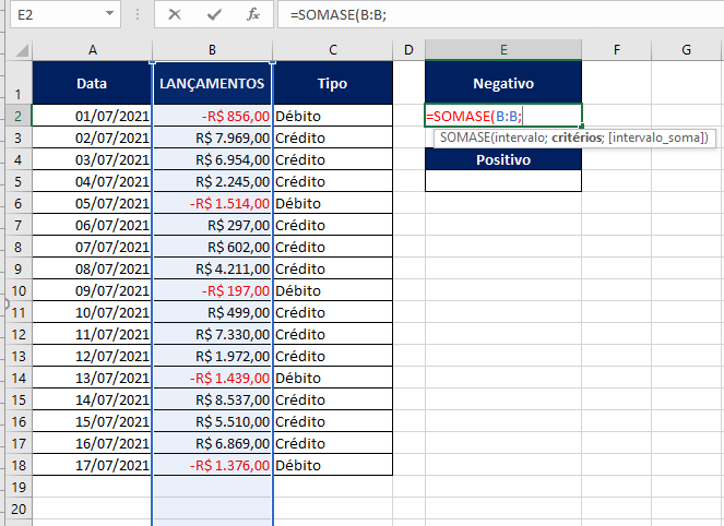 SOMASE VALORES NEGATIVOS E POSITIVOS PRIMEIRO ARGUMENTO