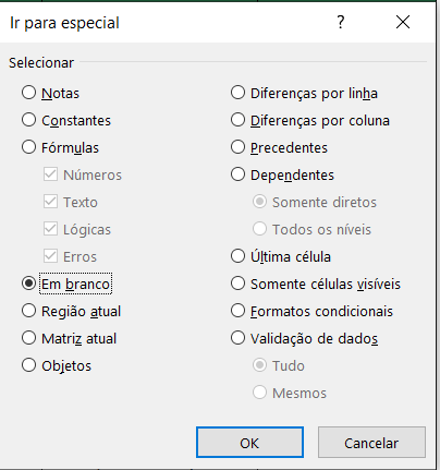 ir para especial selecionar em branco
