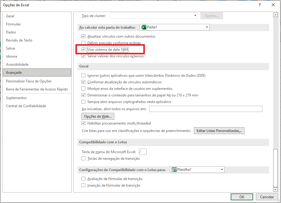 Avançado usar sistema de data 1904