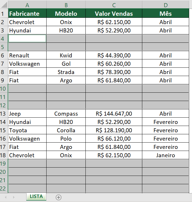 LINHAS EM BRANCO SELECIONADAS