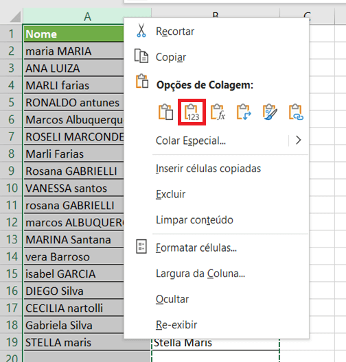 Copiar e colar valores Excel