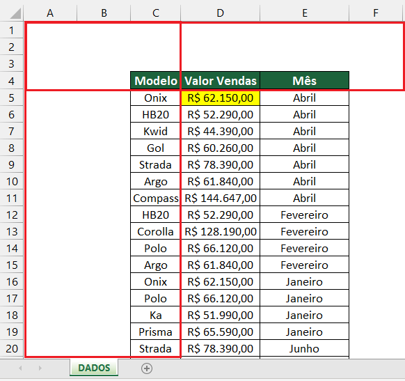 Combinar congelar linhas e colunas no excel