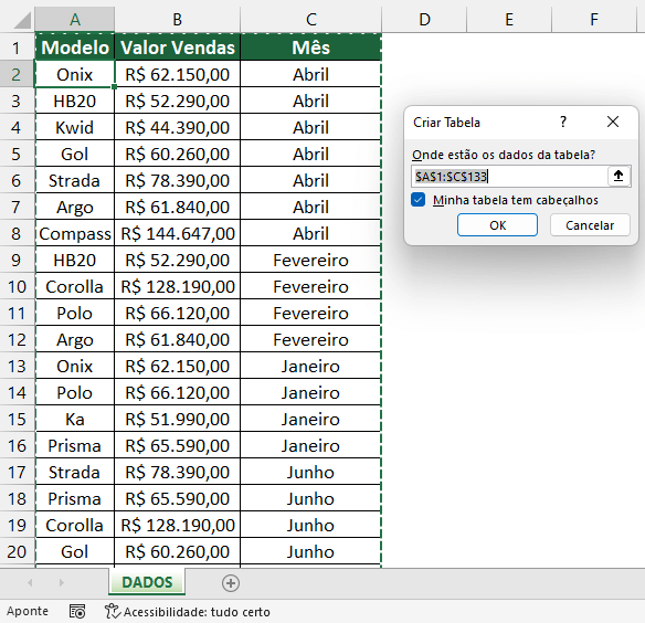 Formatar como Tabela Ctrl Alt T