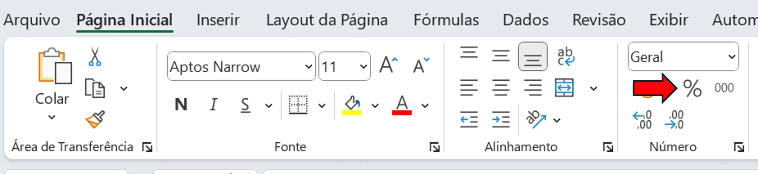 Faixa de opções Excel formatar como porcentagem