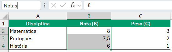 Nomear Intervalo no Excel - Notas