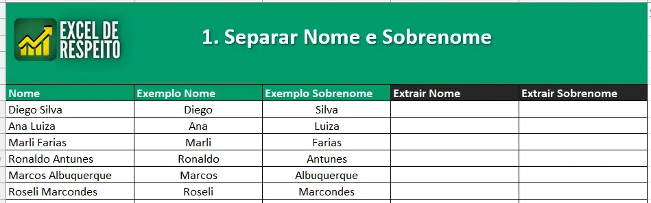 Planilha Exemplo para Separar Dados no Excel com Fórmulas