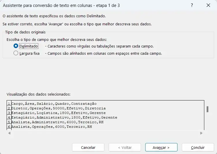 Caixa de dialogo do assistente de conversão de texto para colunas etapa 1 de 3