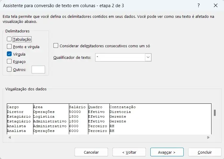 Caixa de dialogo do assistente de conversão de texto para colunas etapa 2 de 3
