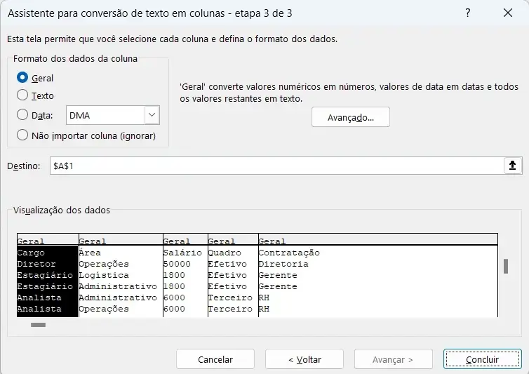 Caixa de dialogo do assistente de conversão de texto para colunas etapa 3 de 3