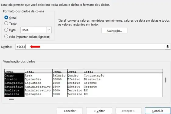 Configurando o campo "Destino" no assistente de conversão de textos