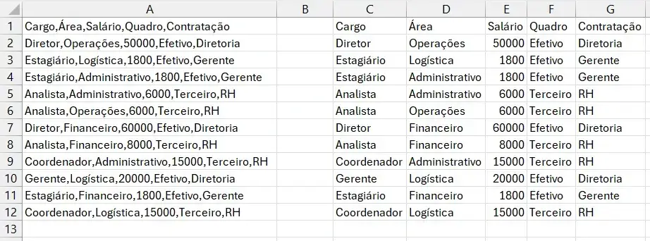 Resulto após aplicar a conversão de texto para colunas utilizando o campo "Destino"