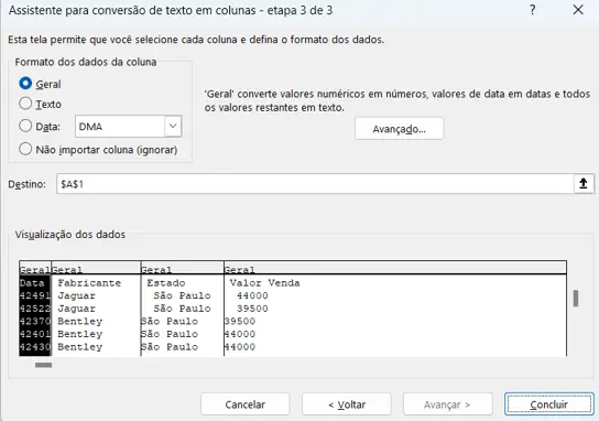 Largura fixa no na etapa 3 do assistente de conversão de textos.