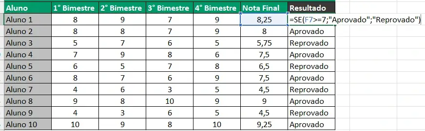 Planilha com Exemplo 1 Verificando Aprovação de Alunos com a função SE