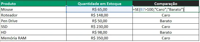 Planilha com Exemplo 2 Comparação de Valores com a função SE