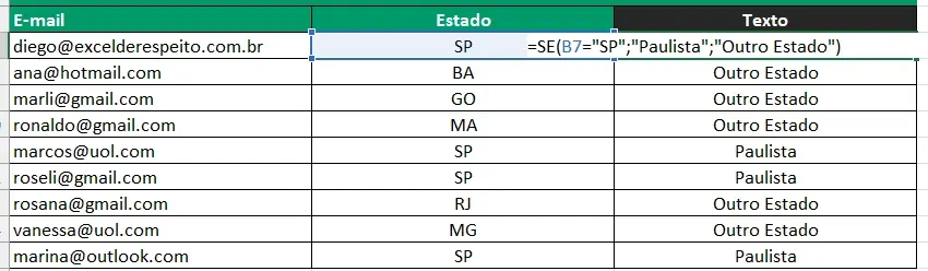 Planilha com Exemplo 3 Usando a função SE com Texto