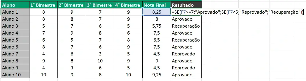 Planilha com Exemplo 4 Função SE Aninhada